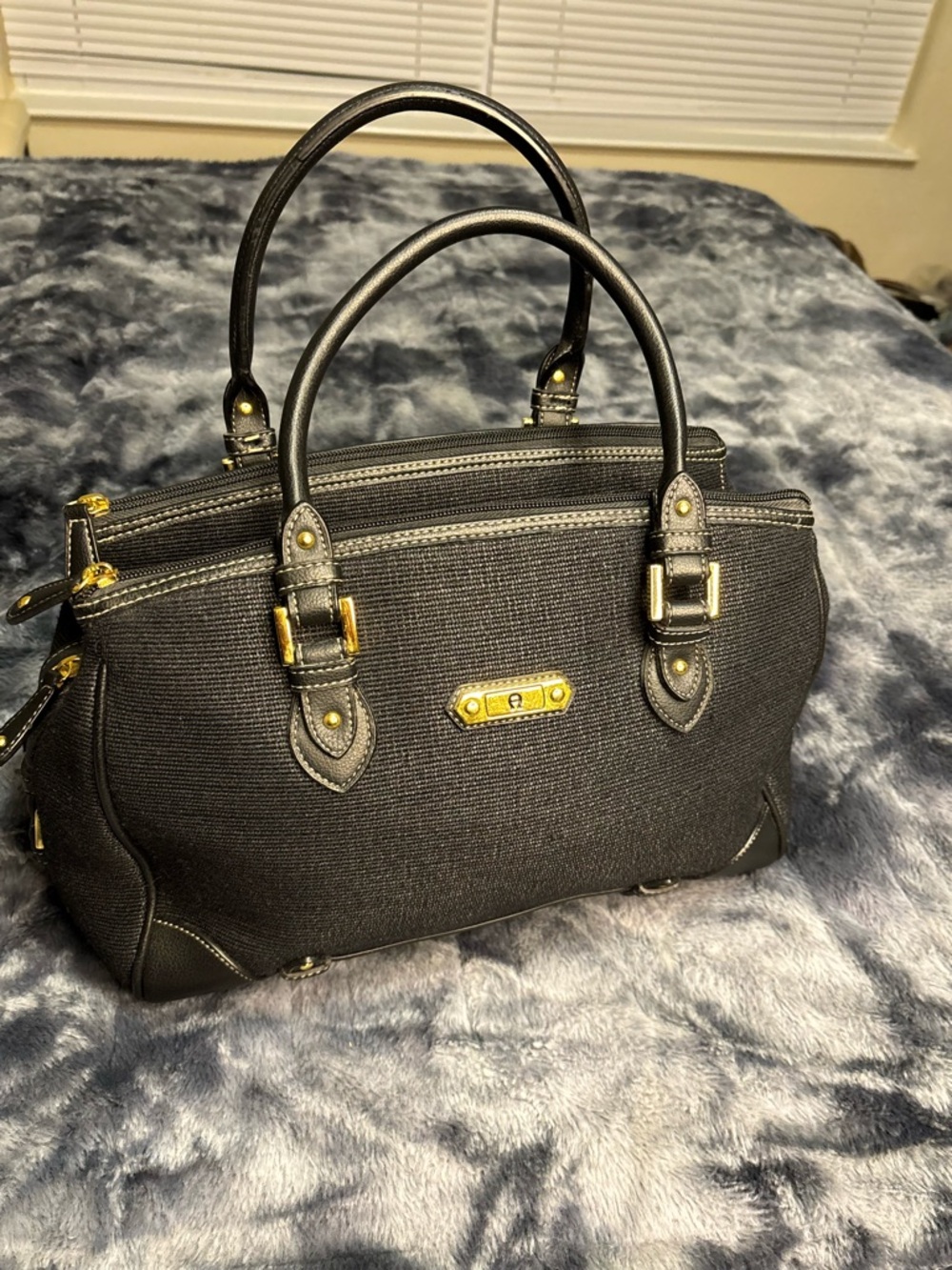 Etienne Aigner Black Satchel with Gold Hardware